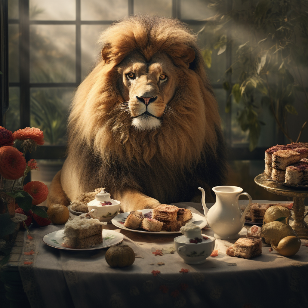 A lion and friends enjoying a tea party