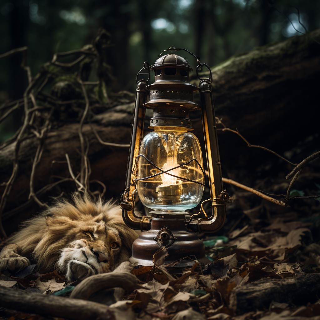 Majestic lion tail brushing on an old oil lamp