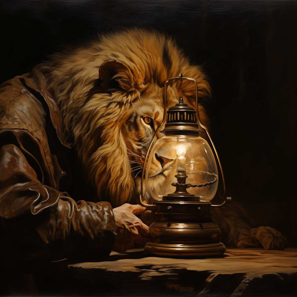 Lion rubbing an old oil lamp