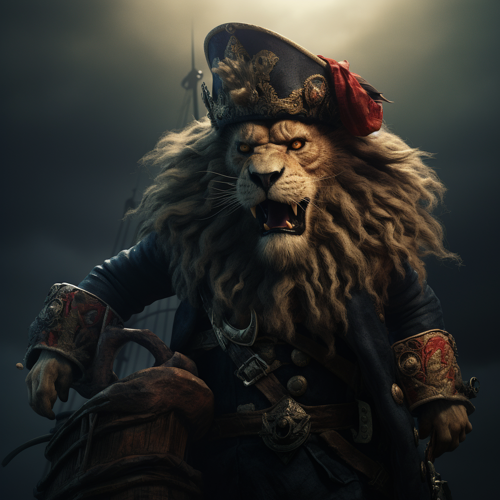 Lion standing on killed pirate