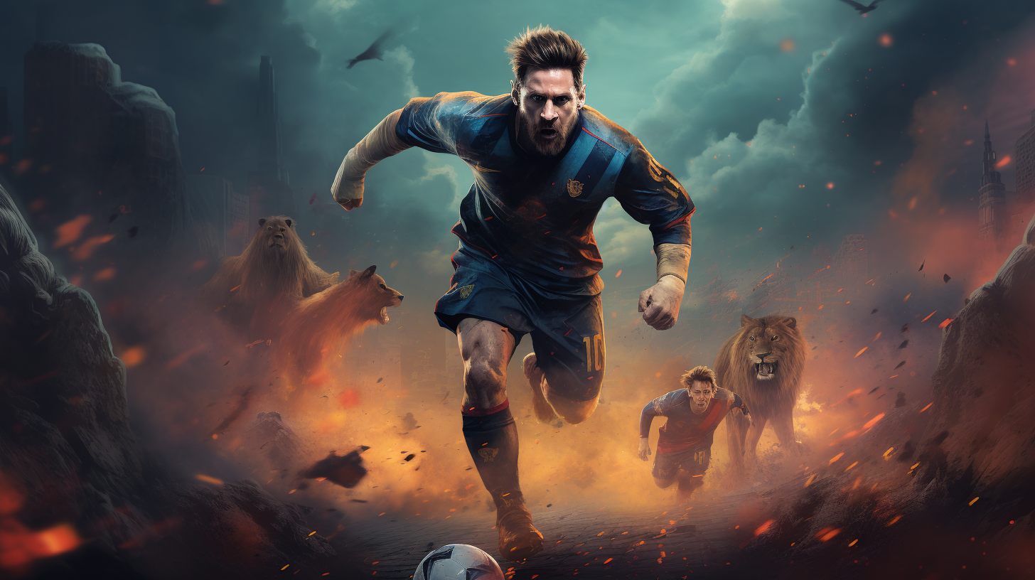 Lionel Messi dribbling past lions on football field