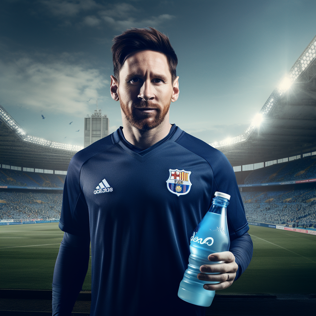 Lionel Messi enjoying sports drink on soccer field