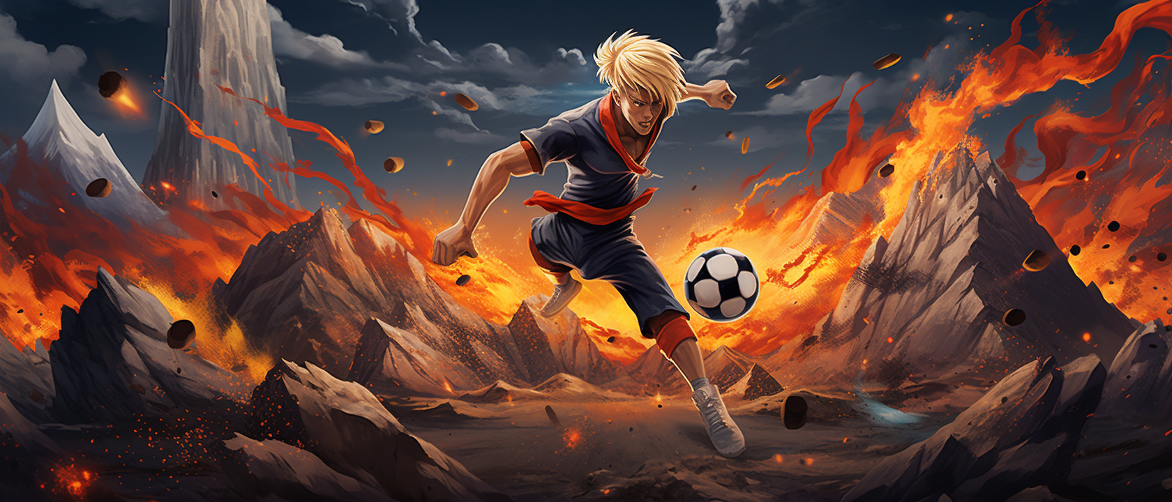 Lionel Messi playing soccer on a volcano art