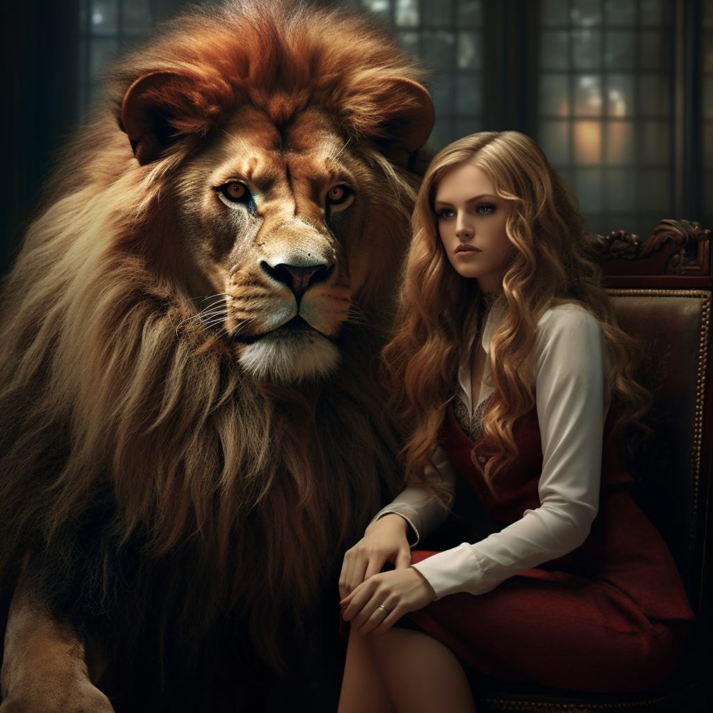 A powerful woman ruling a realistic lion