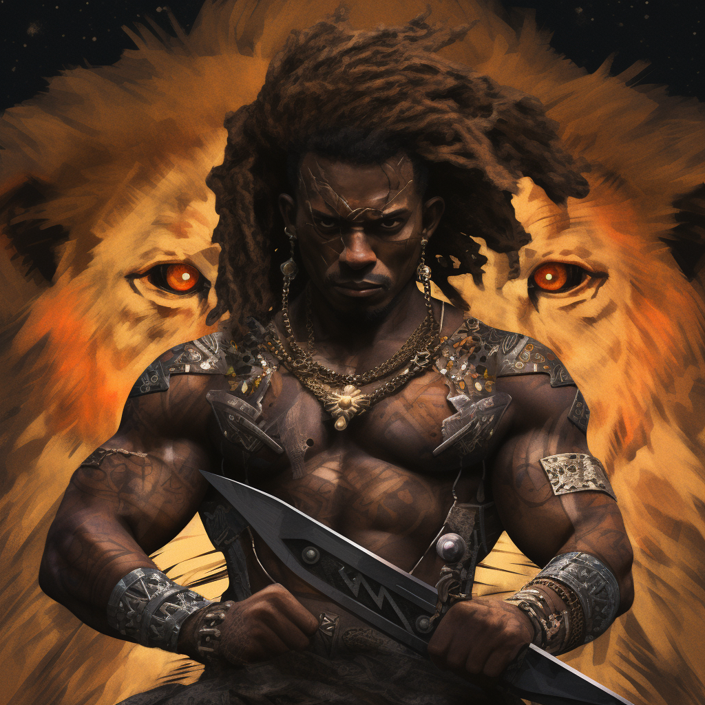 Lionman with knives on dark background