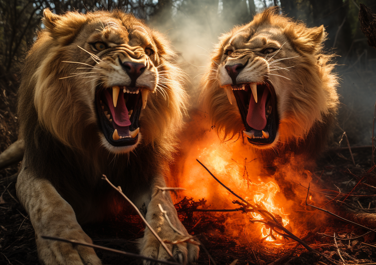 Two lions fighting with red spots