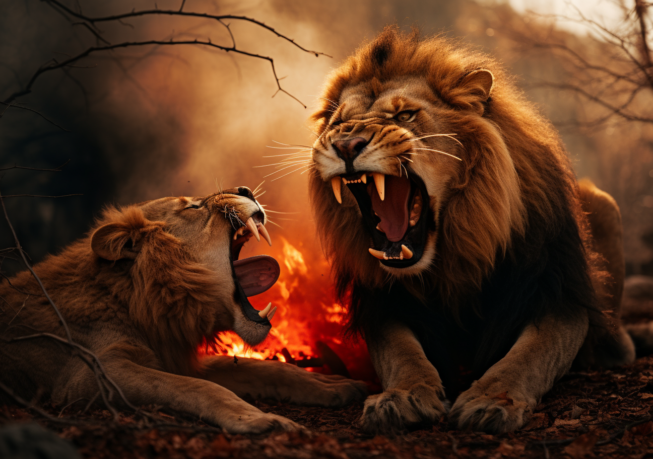 Two roaring lions in intense play