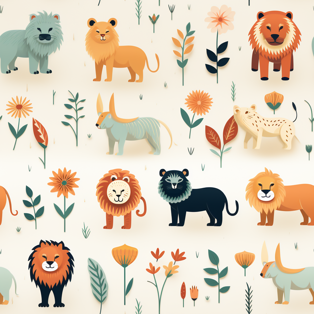 Various lions in simplistic textile pattern