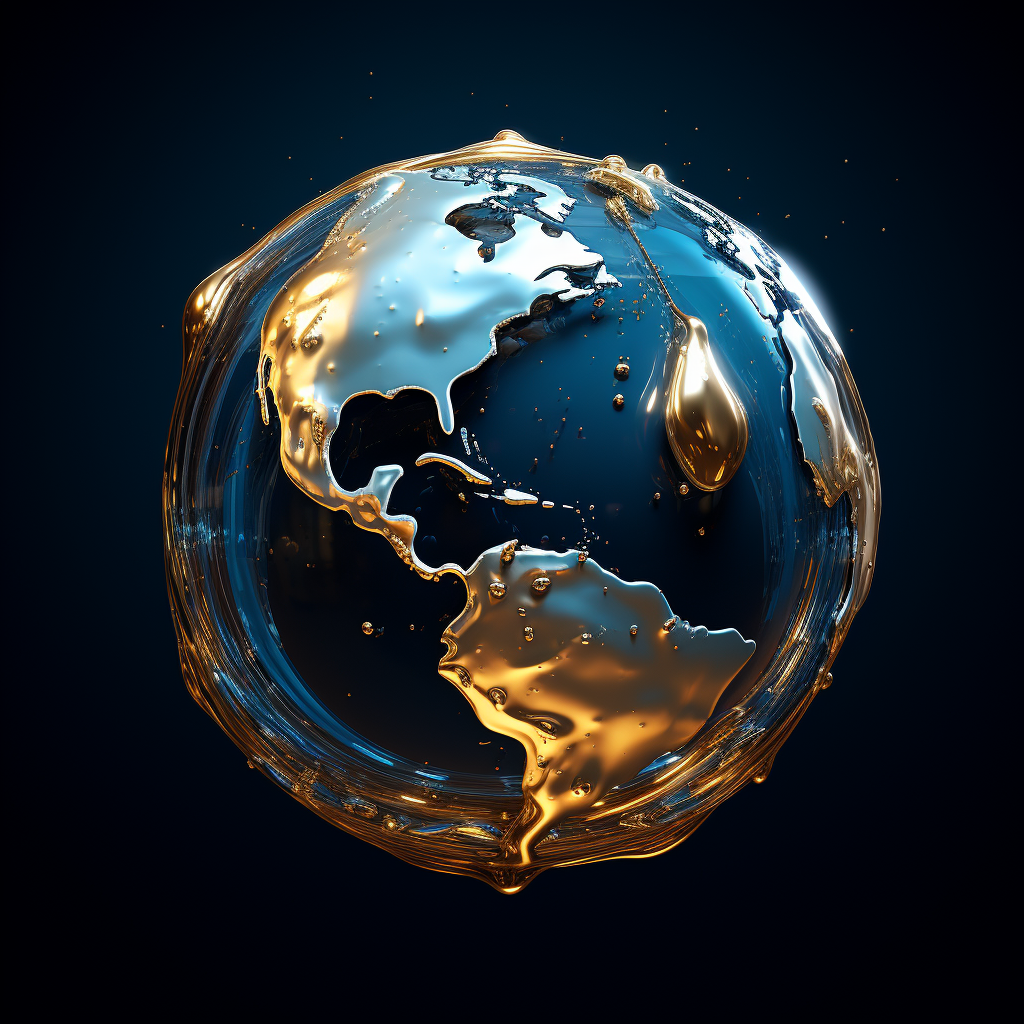 Shiny liquid metal globe on dark blue background