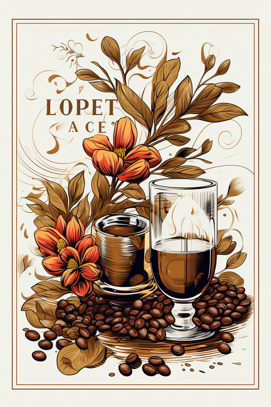 Black and white graphic poster with coffee beans and glass