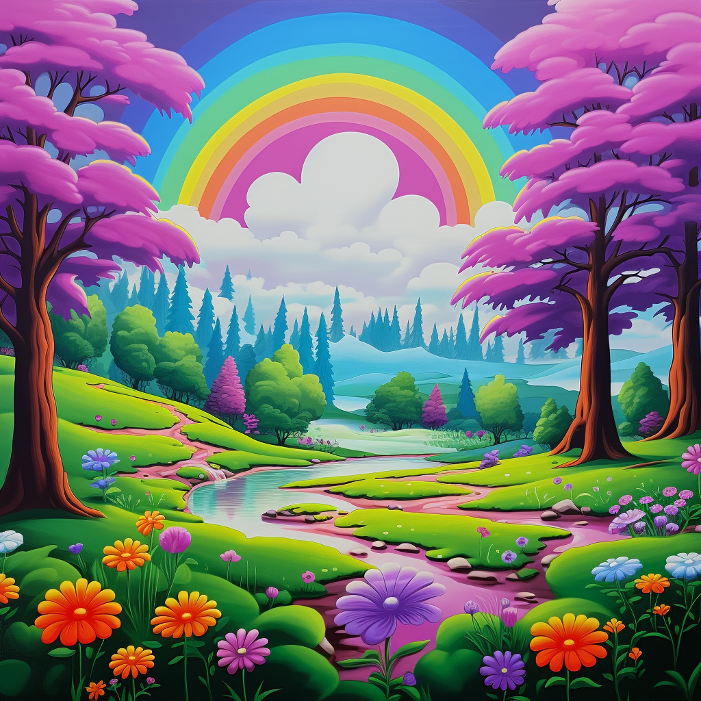 Colorful Lisa Frank Airbrush Meadow with Trees