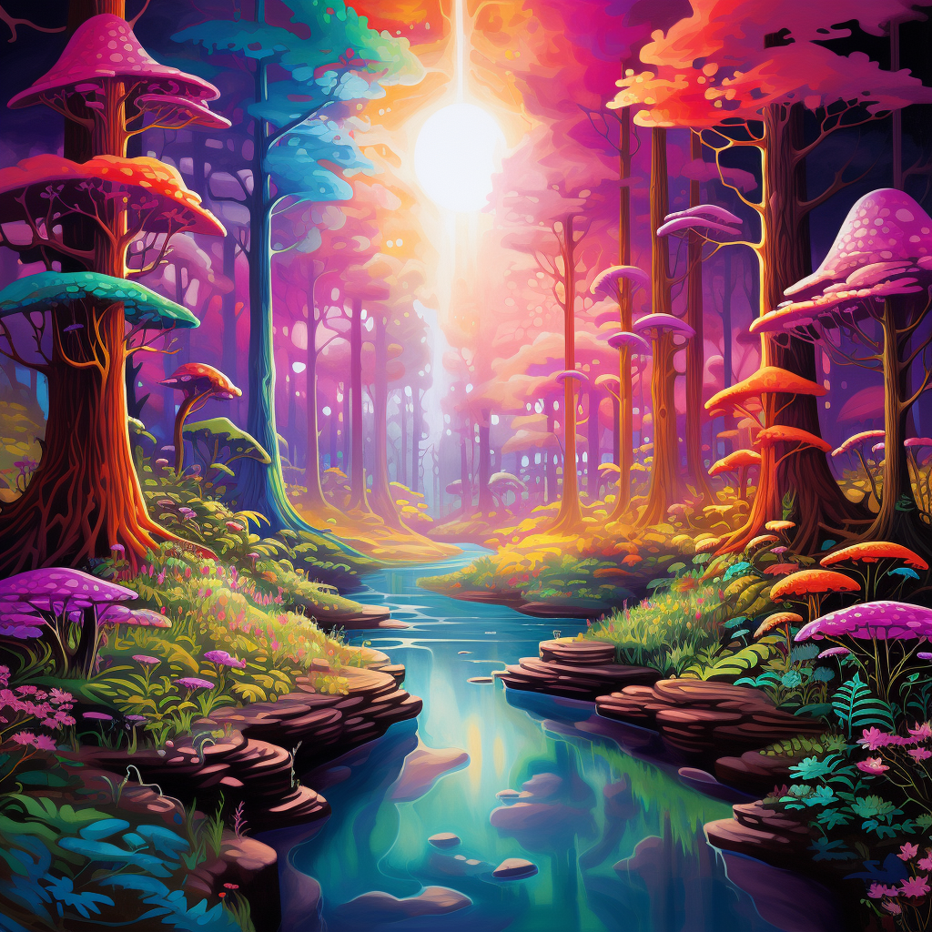 Colorful forest with Lisa Frank airbrush style