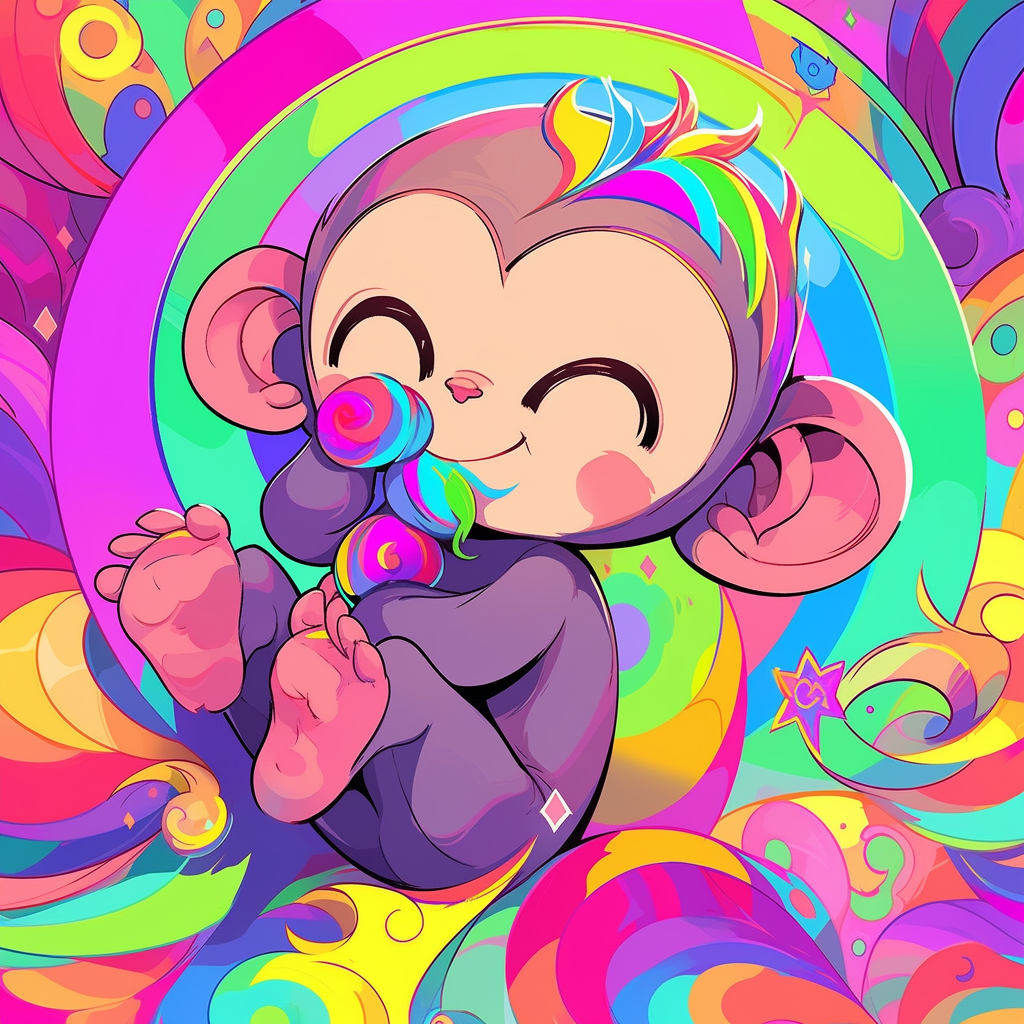 Cute monkey illustration with Lisa Frank inspiration