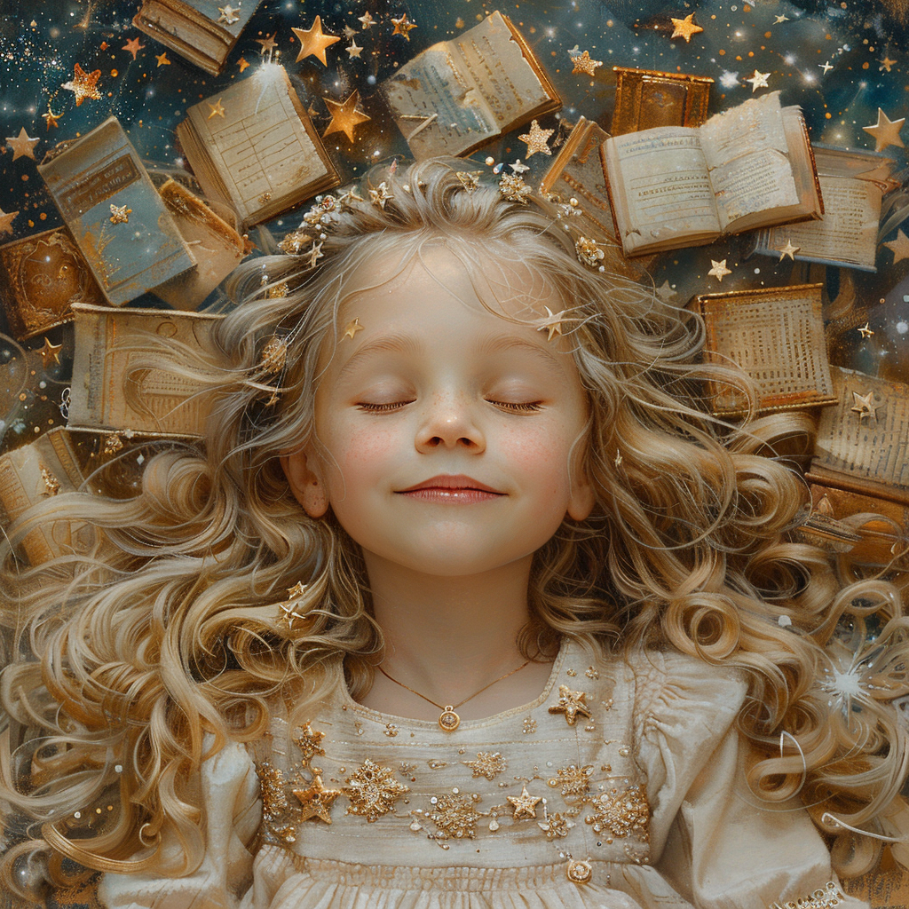 Blonde girl among enchanted books