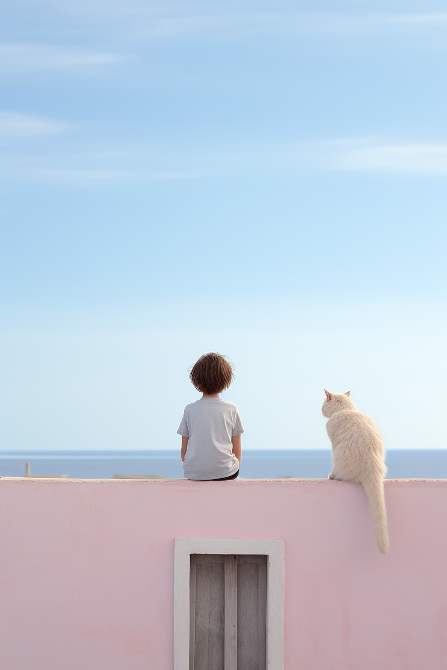 Little boy and cat admiring the sea