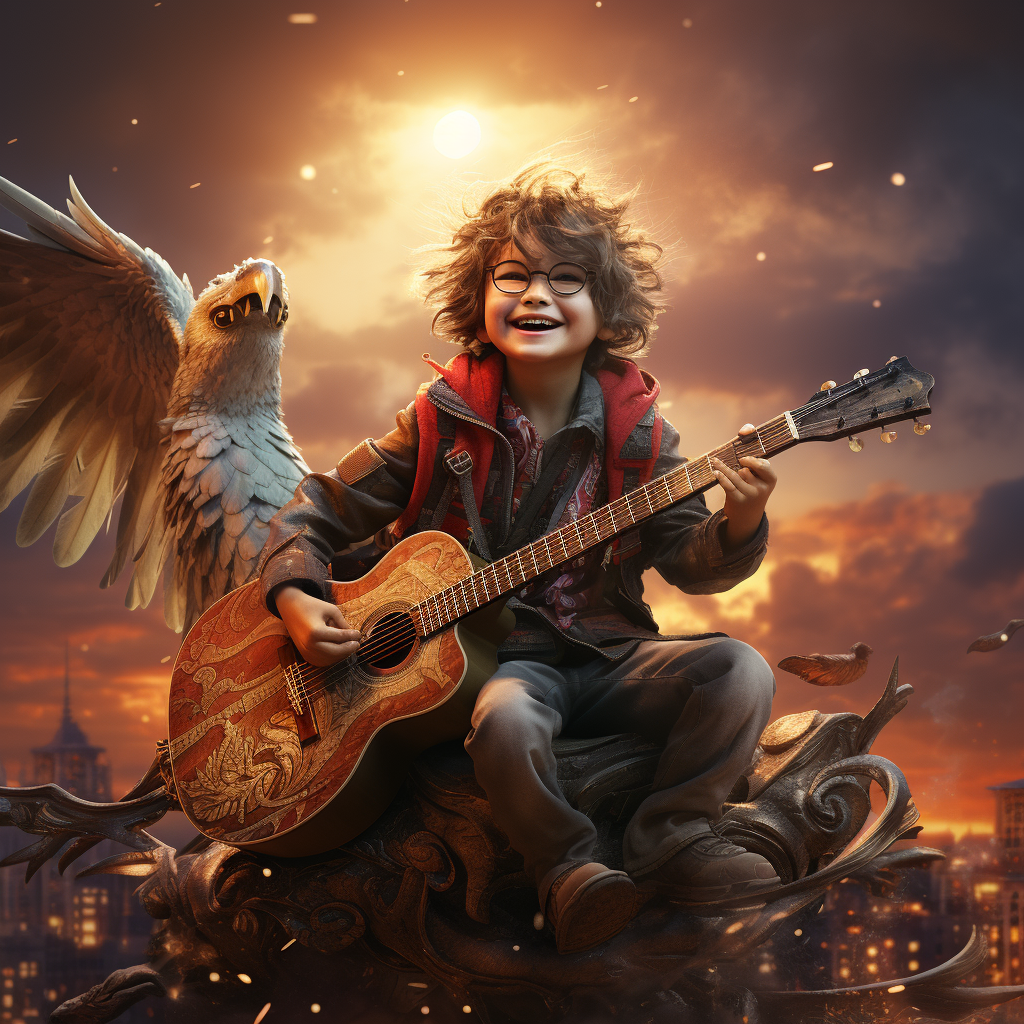 Young boy playing guitar on giant redkite