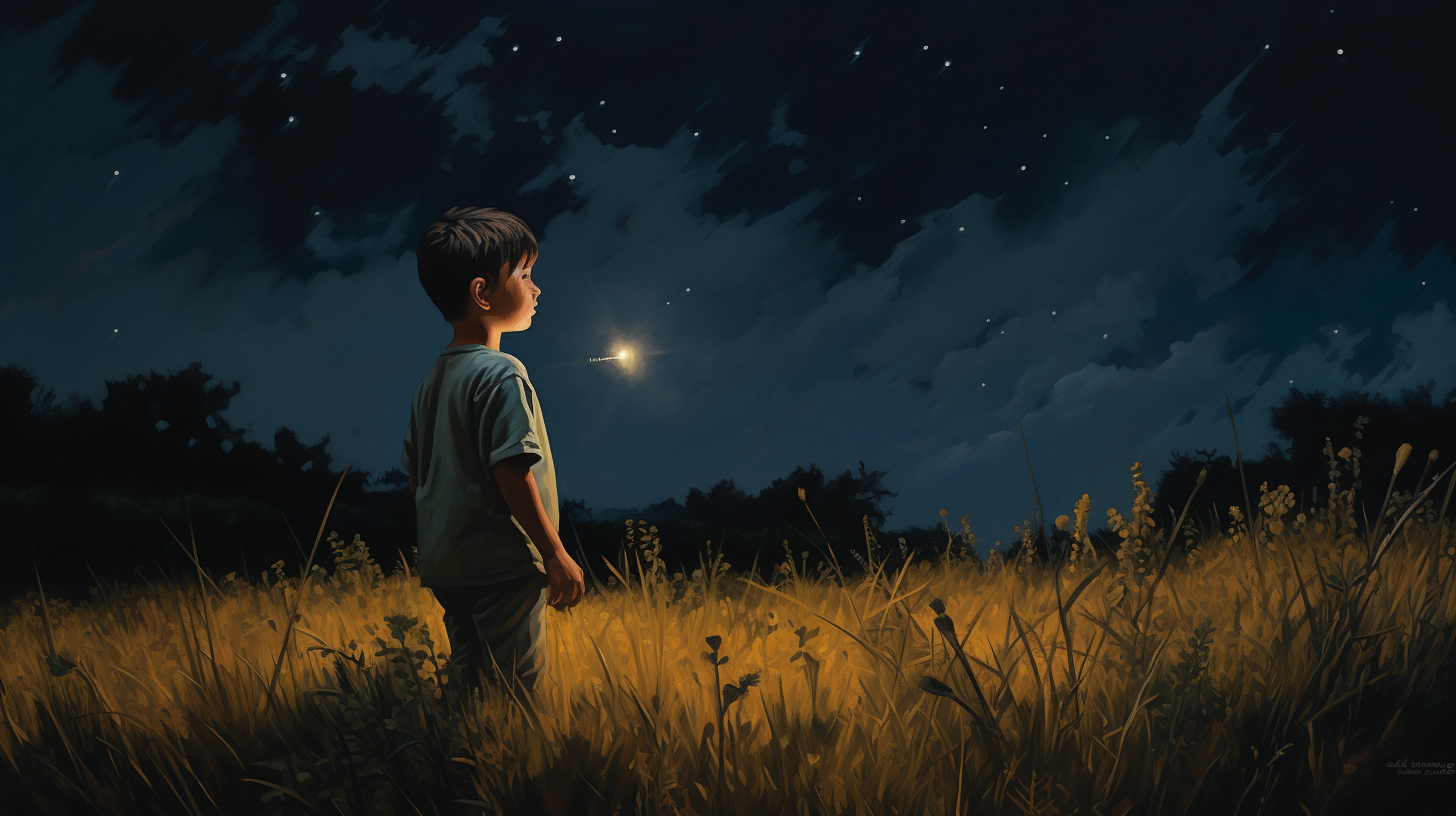 Little boy in meadow at night