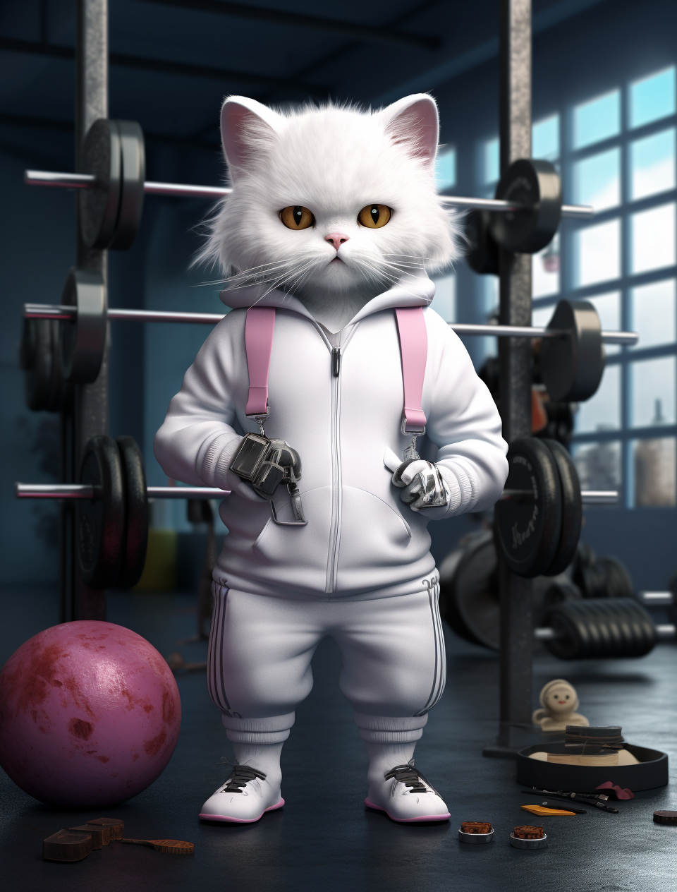 Little cat in tracksuit lifting weights