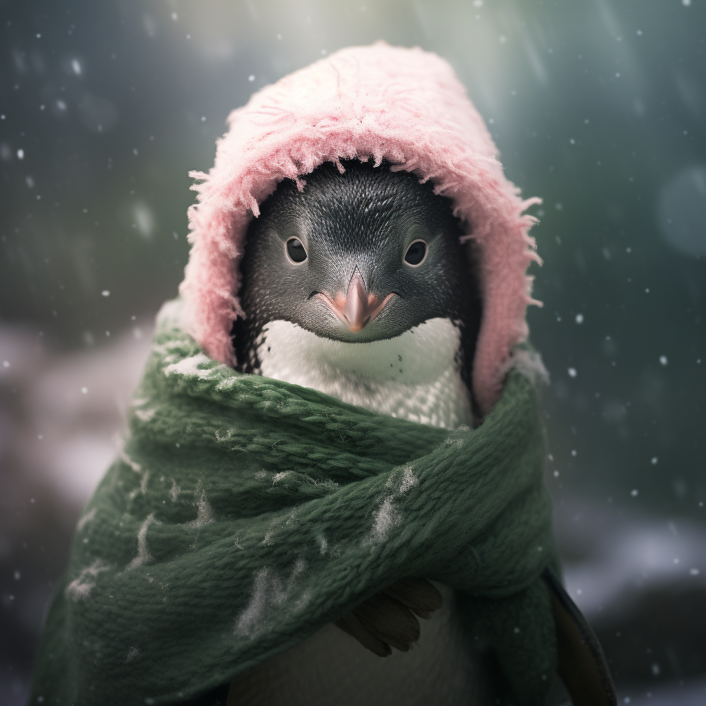 Cute female penguin wearing a pink green scarf