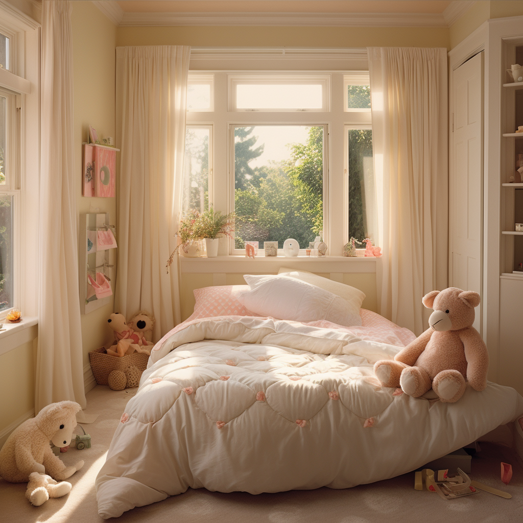 Cozy girl's traditional bedroom with cream bedding