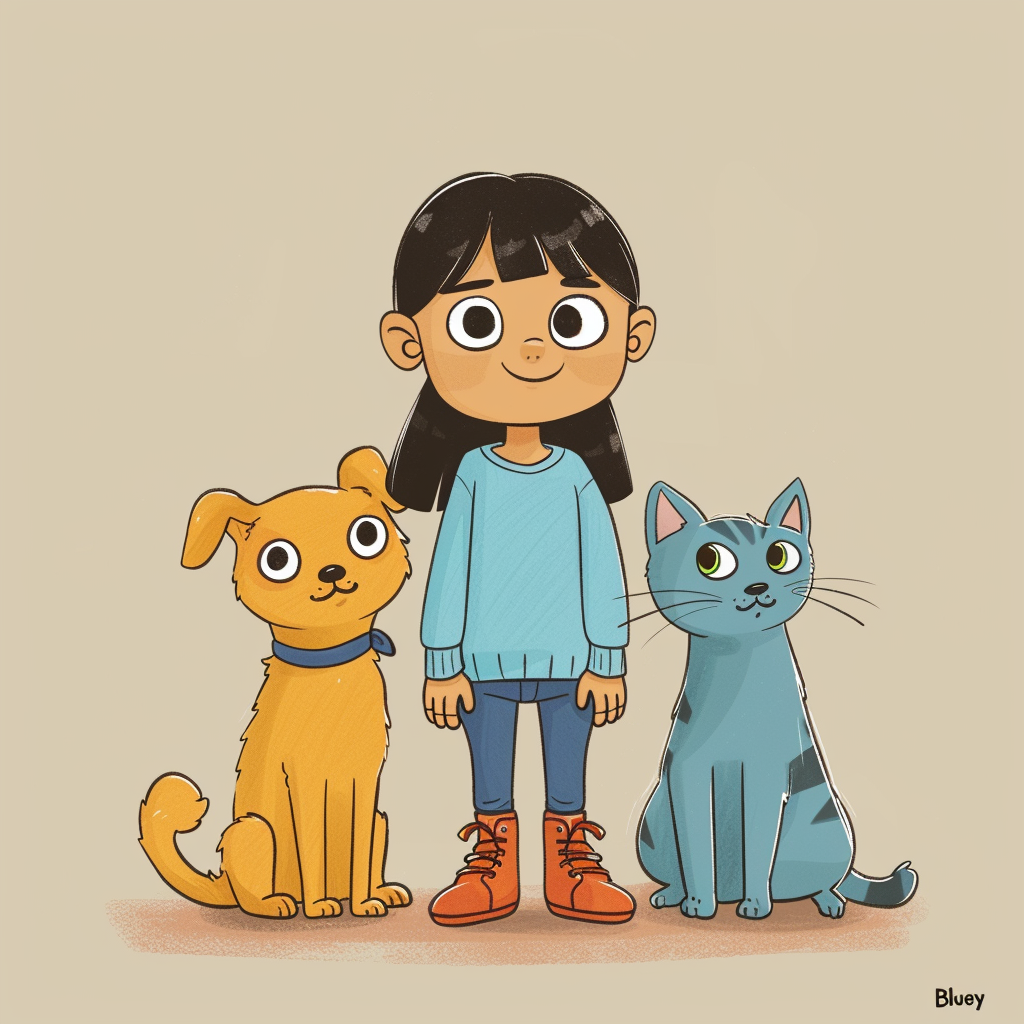 Little girl with dog and cats