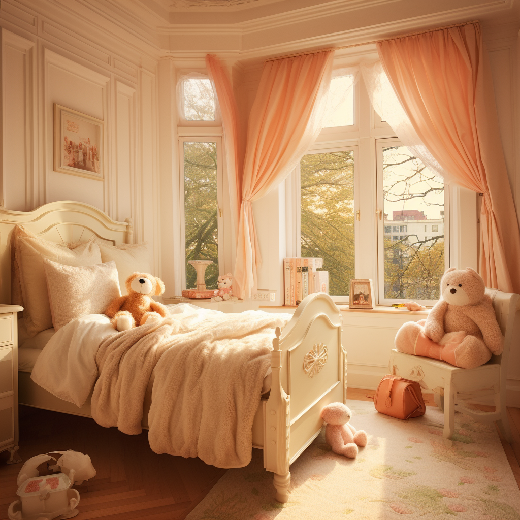 Traditional double bed in a little girl's bedroom