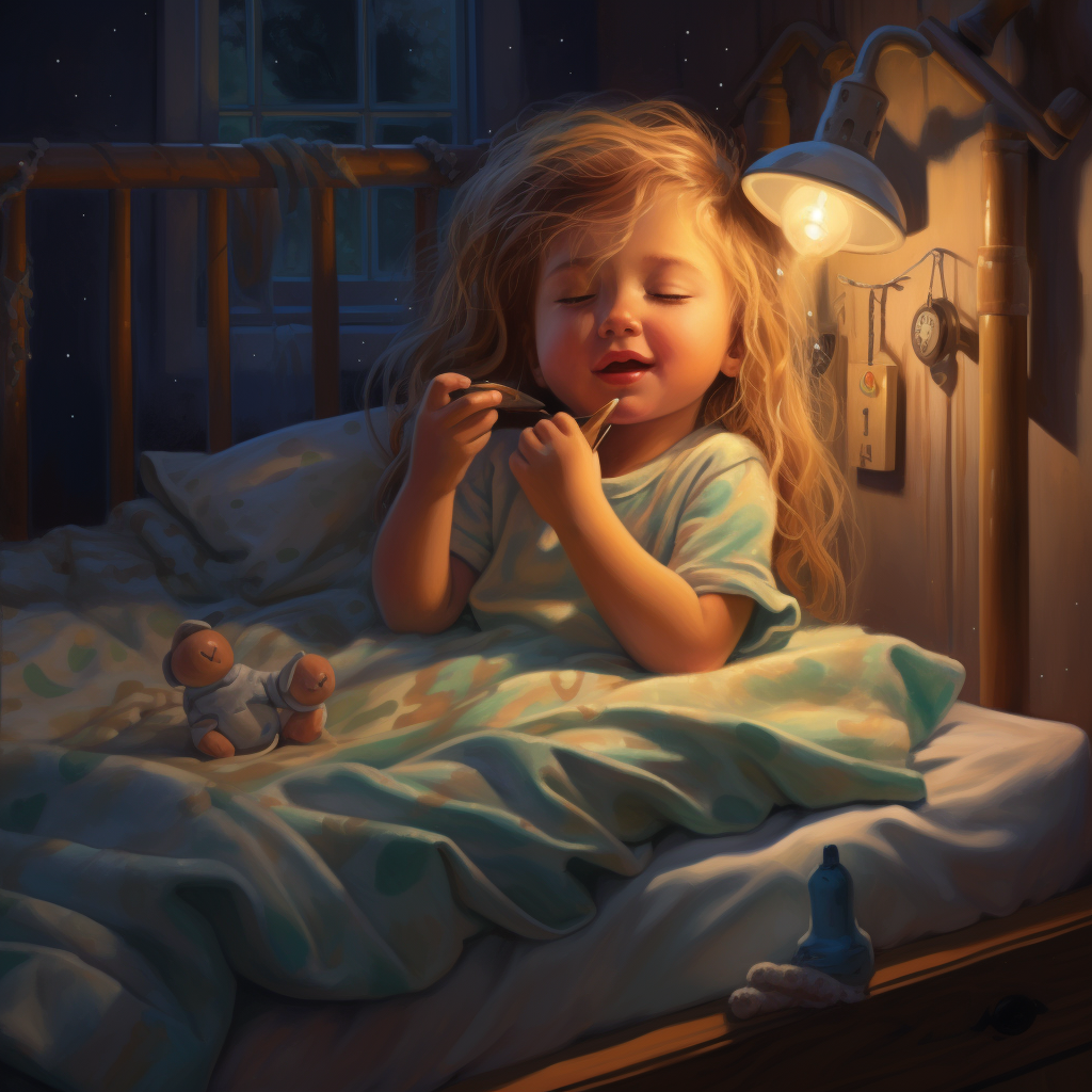 Little girl brushing teeth in cot