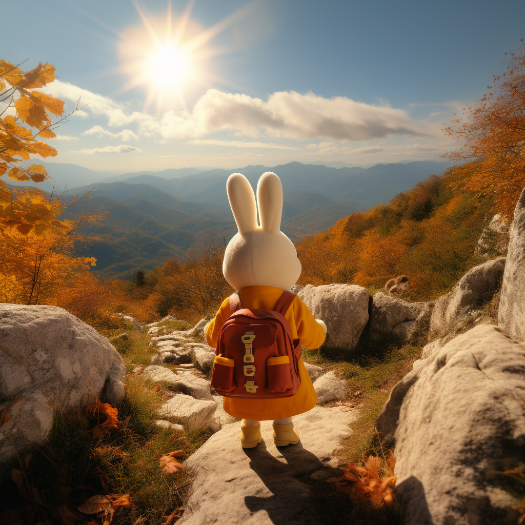 Little girl climbing mountain with Miffy in sunny autumn