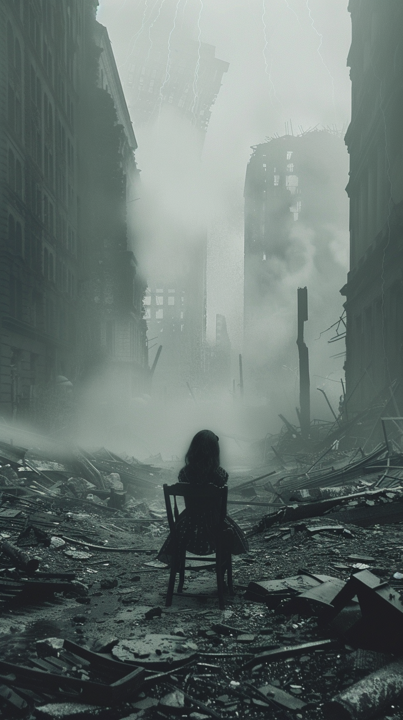 little girl in destroyed city ruins