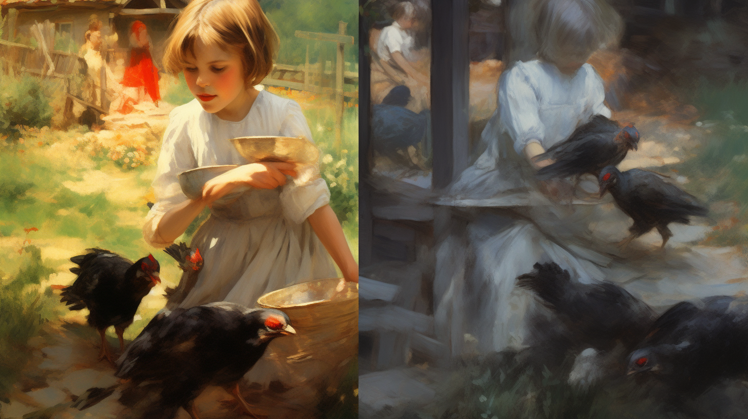 Little girl feeding birds on a farm