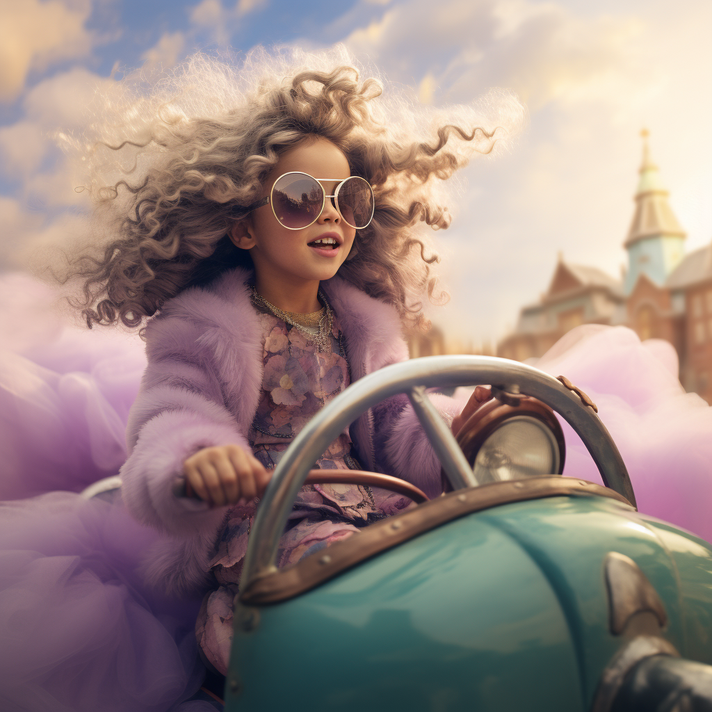 Little girl flying purple plane with green glasses