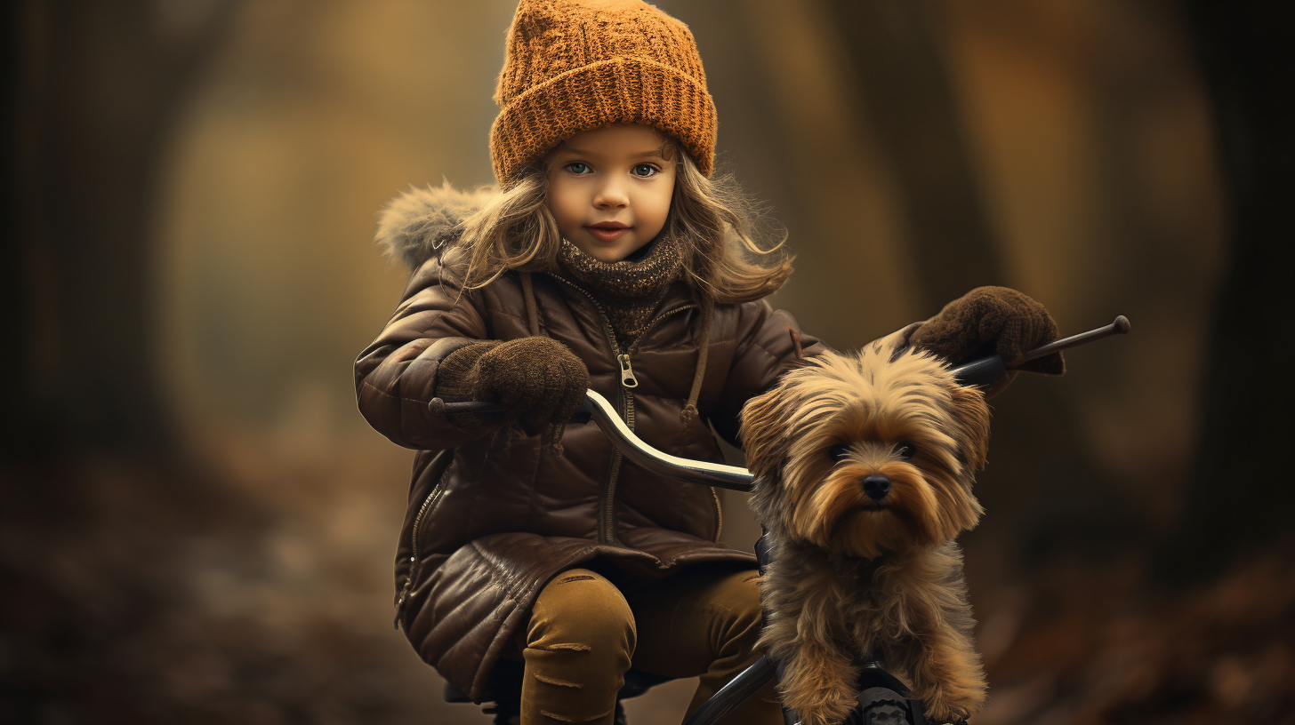 Young girl riding bike with her dog