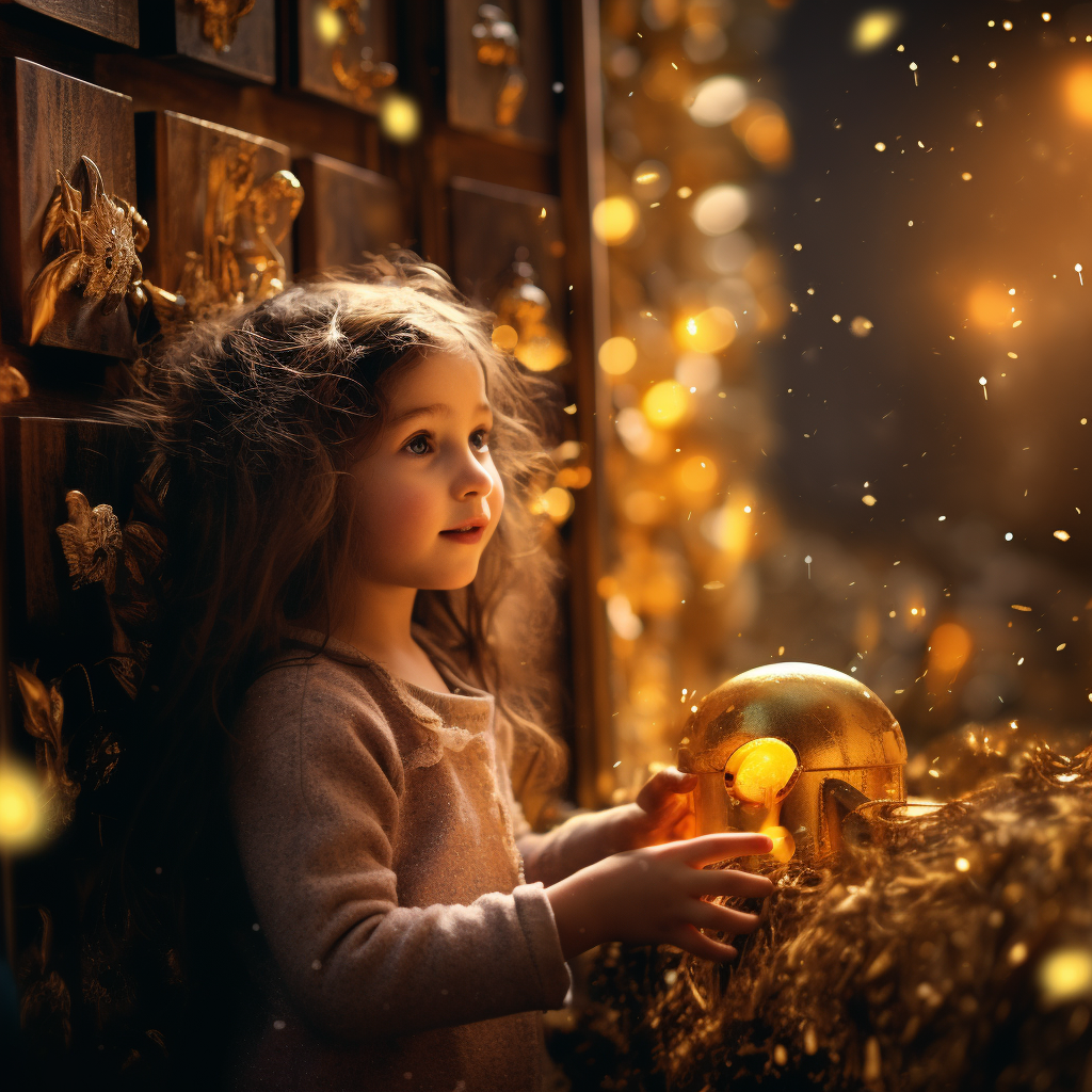 Little girl opening golden door to arctic dream land