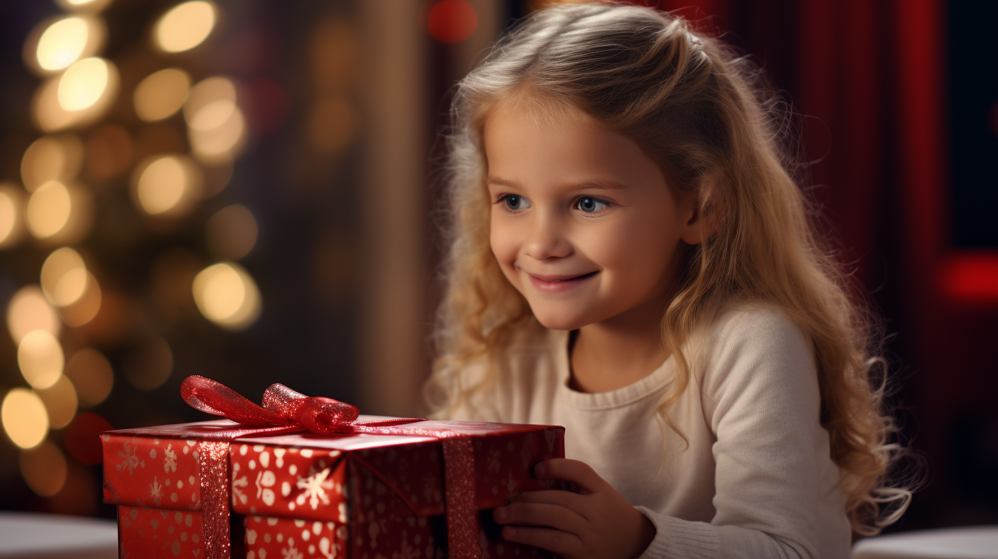 Girl opening gift box in living room