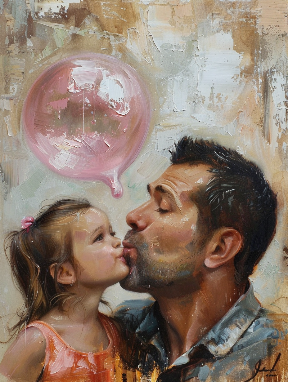 Girl blowing pink bubble dad