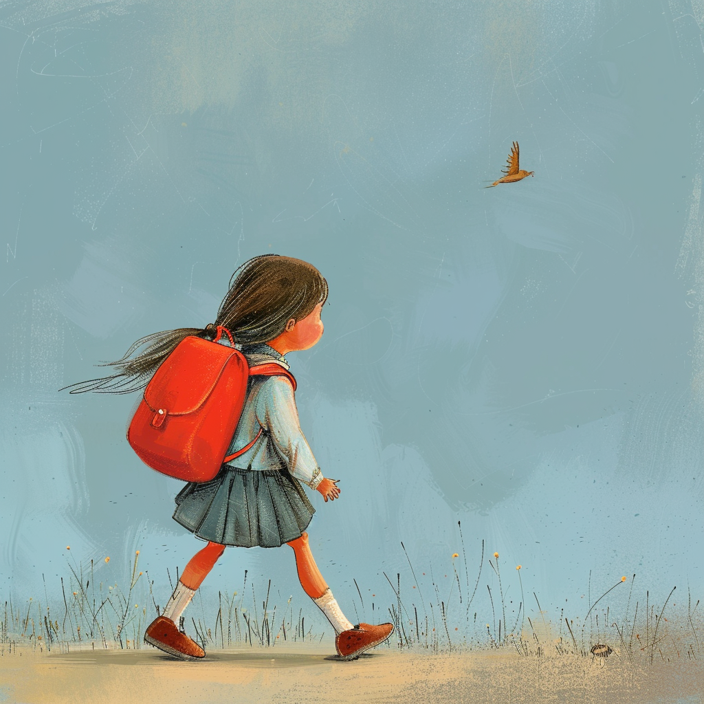 Little girl with red bag walking