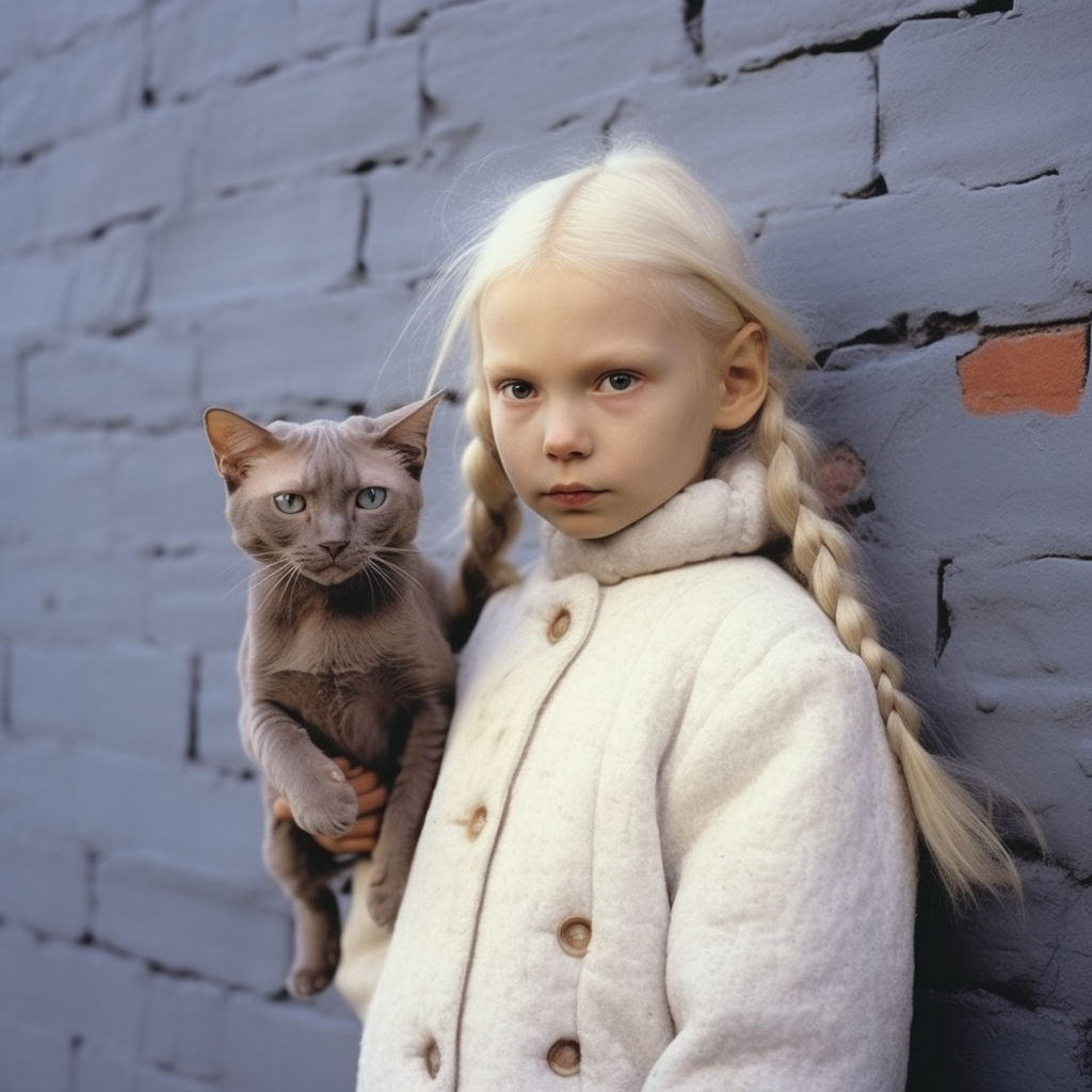 Nordic girl with Sphynx cat on ruined wall