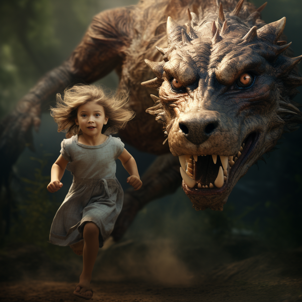 Little girl and wolf running in forest