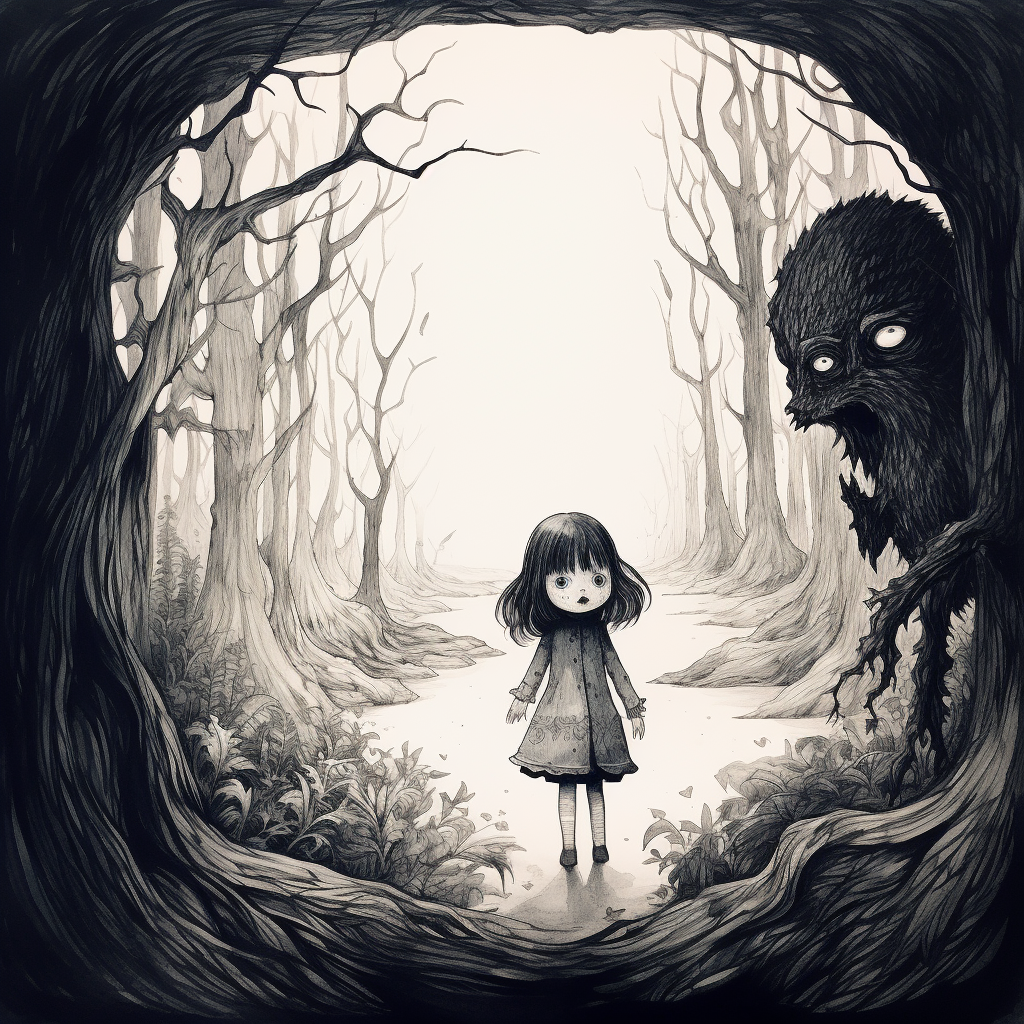 Curious little girl reaching out to a friendly monster