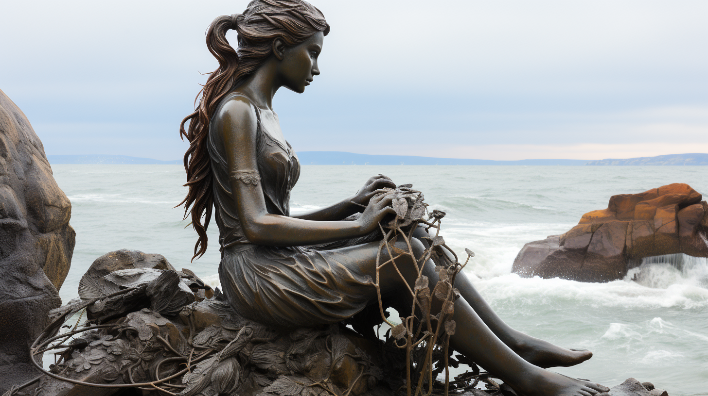 Little mermaid sitting on a rock watching ships