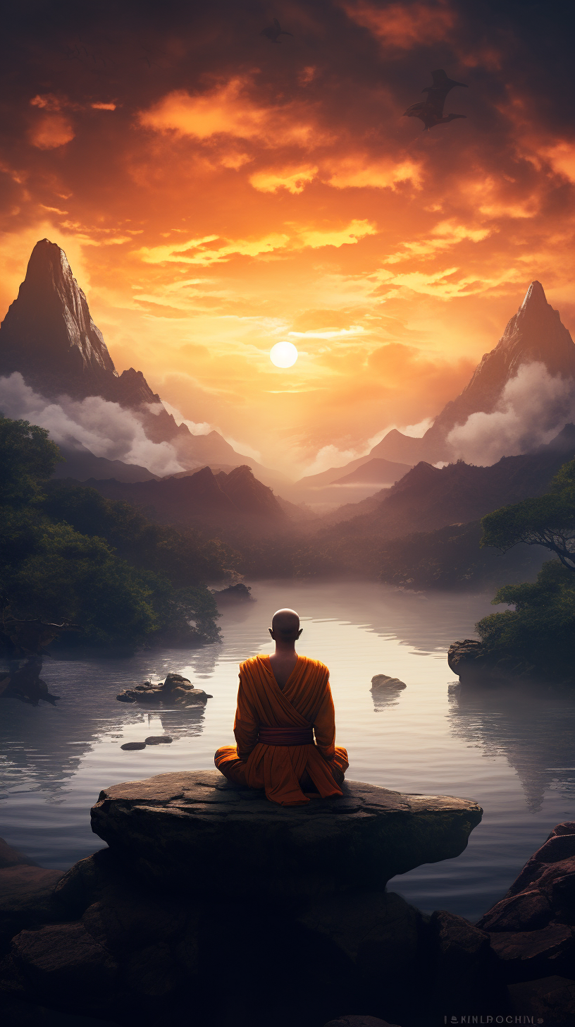 Little monk meditating in serene nature