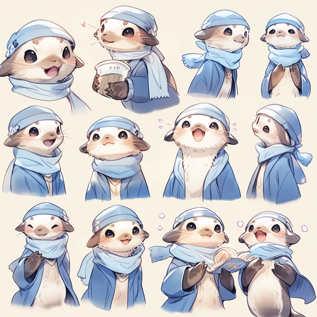 Cute otter mom in blue jacket and headscarf