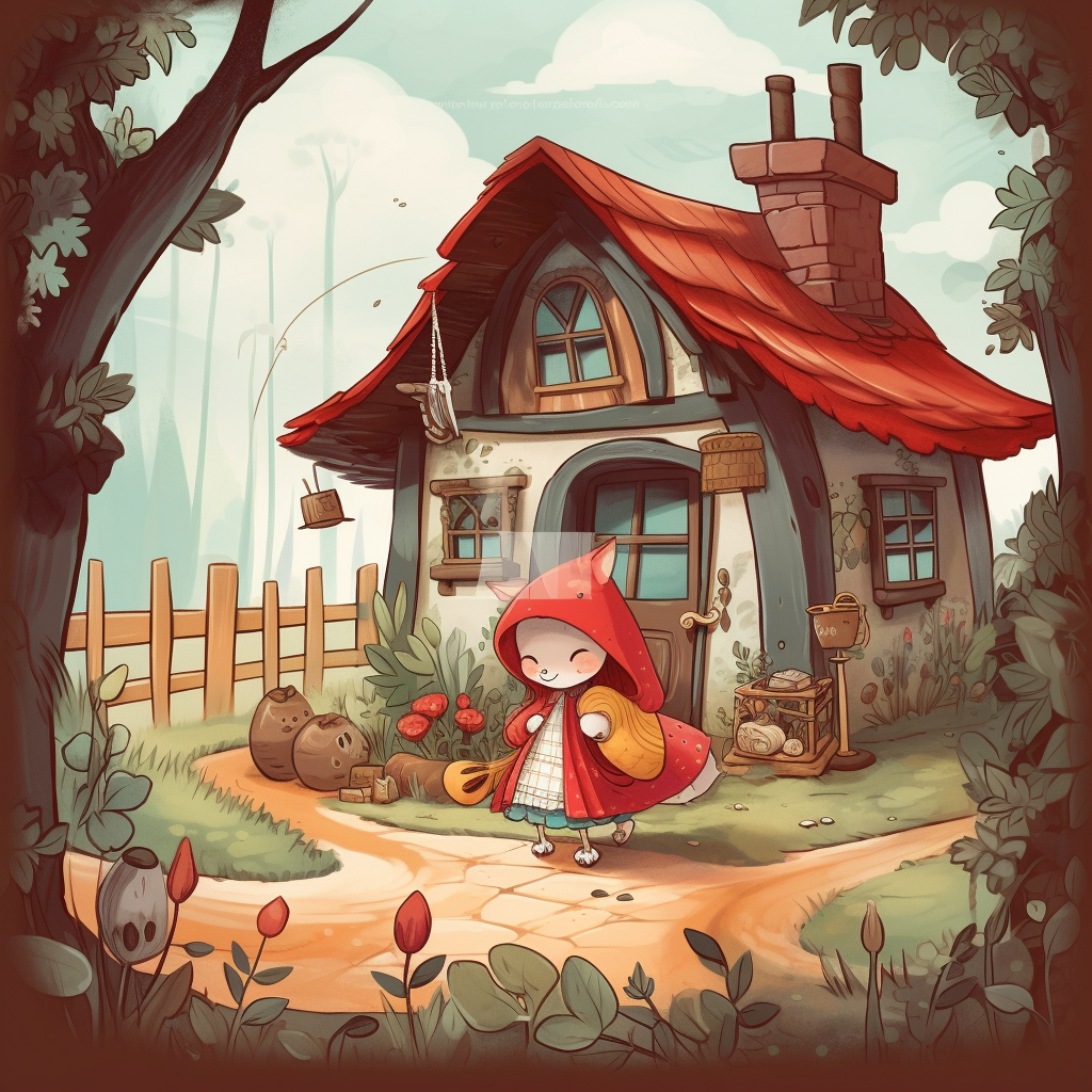 Little red riding hood playing outside cozy cottage