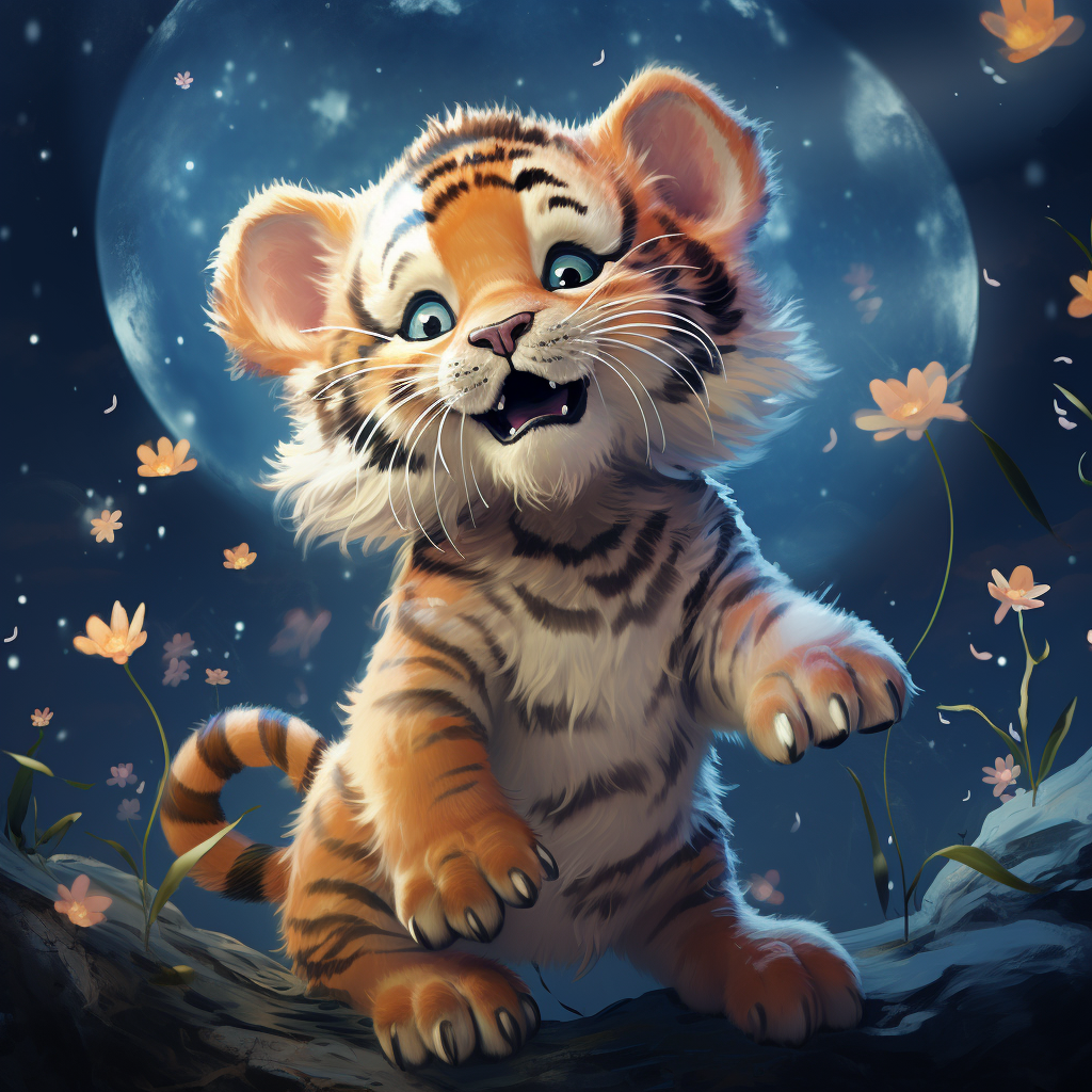 Little Tiger Dancing with Stars and Moon