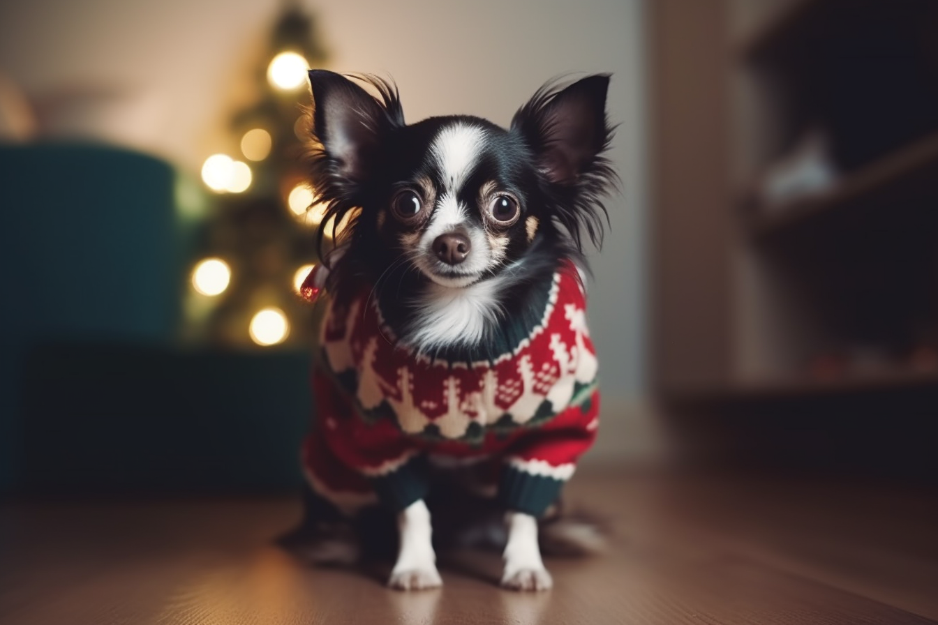 Cute dog in a festive sweater