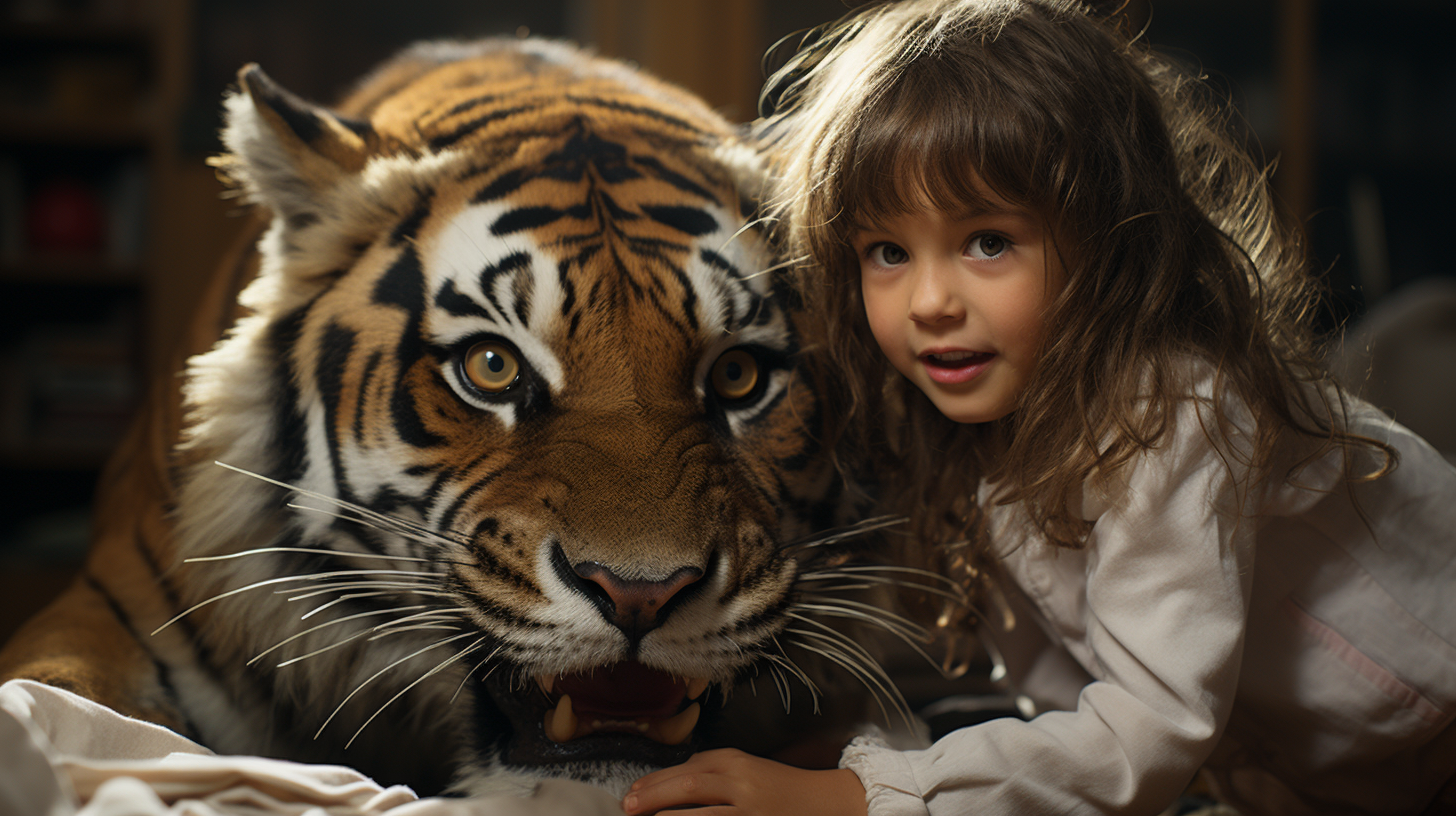 Adventurous little girl playing with a friendly tiger