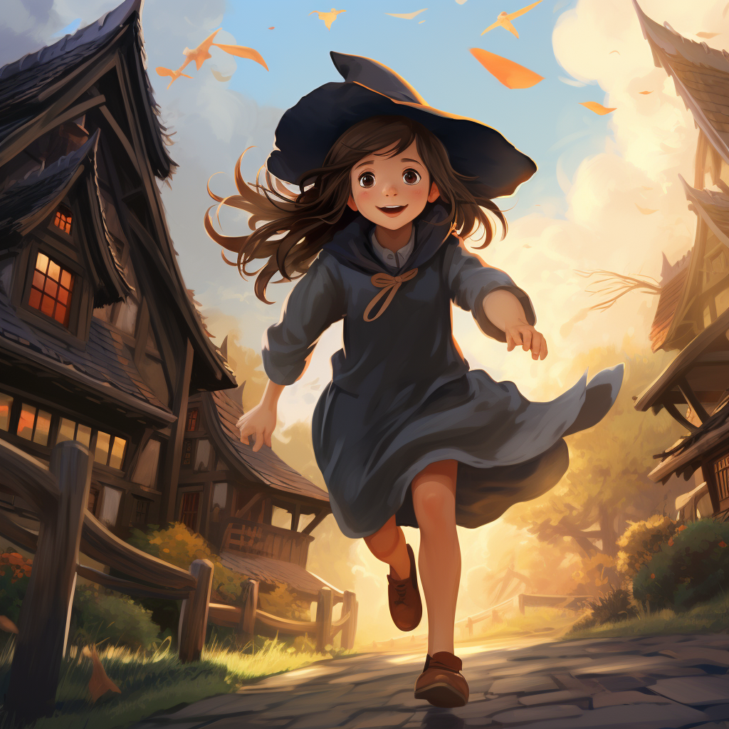 Cute little girl running with a witch hat