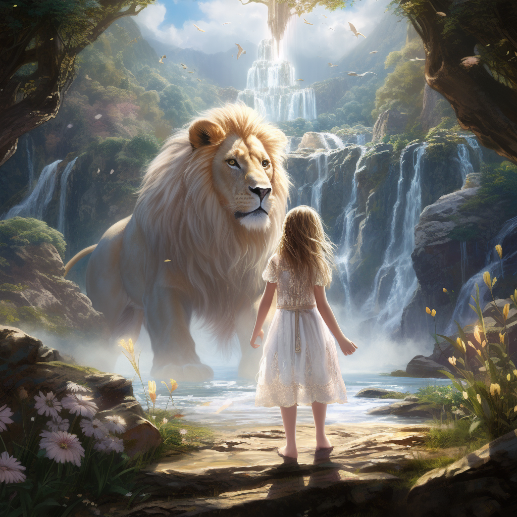 Little girl in white dress with lion in magical forest
