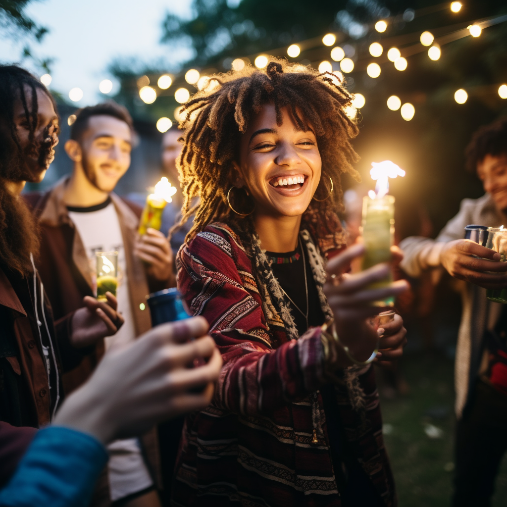 Lively backyard party with trendy Gen Z outfits