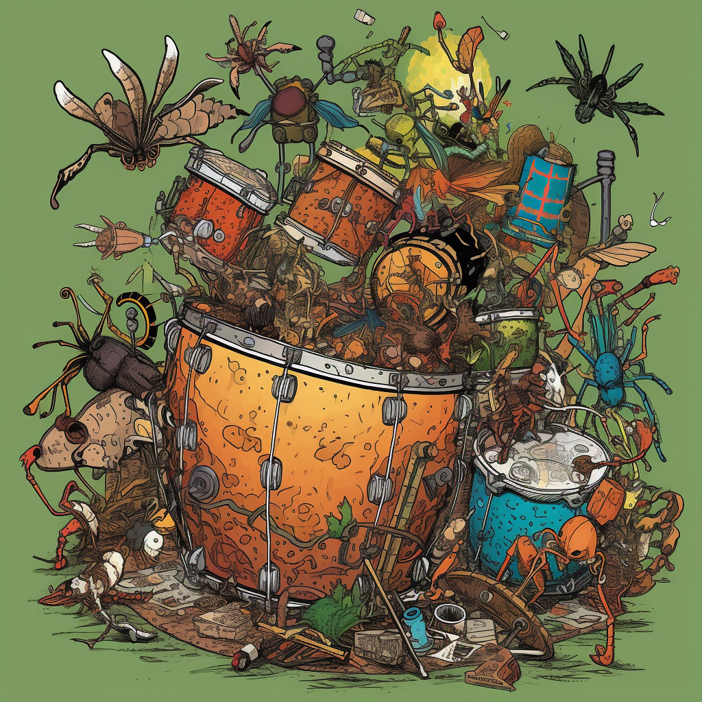 Multicolored living drum kit with patterns and insects